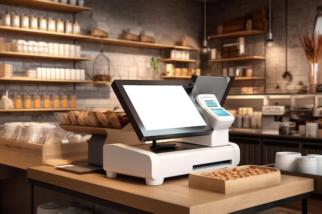 Caixa registradora de tela em branco e tablet em balcão de madeira Perfeito para renderização 3D de mercearia de luxo com exibições de produtos Ai Gerado