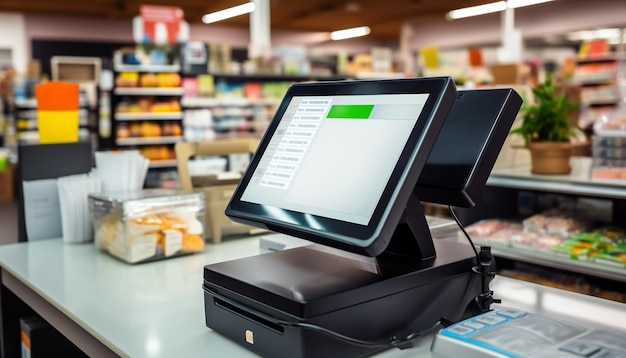 Caixa registradora preta com uma tela de monitor de computador em branco no bar