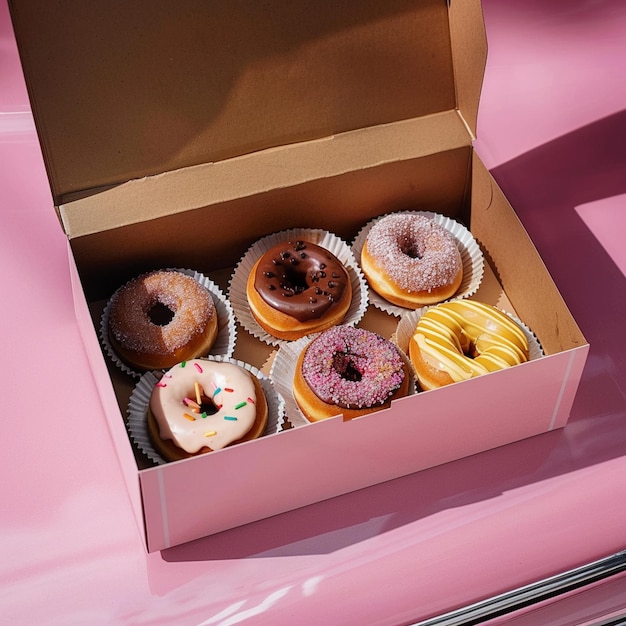 Foto caixa rosa aberta com donuts.