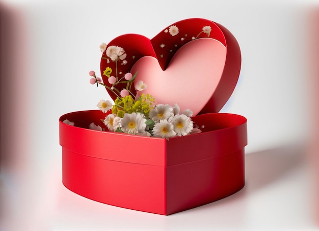 Caixa vazia em forma de coração com lindas flores conceito de dia dos namorados