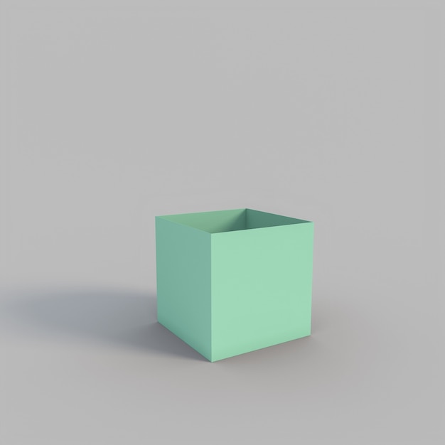 Caixa verde vazia em forma de cubo. Renderização 3D.