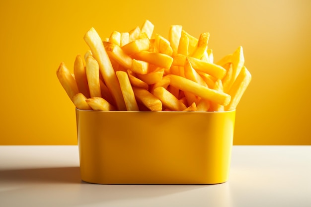 Caixão amarelo tentador com batatas fritas douradas em um fundo branco