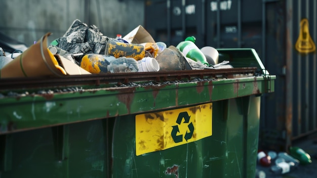 Foto caixão de lixo transbordante com um símbolo de reciclagem, um apelo à ação ambiental