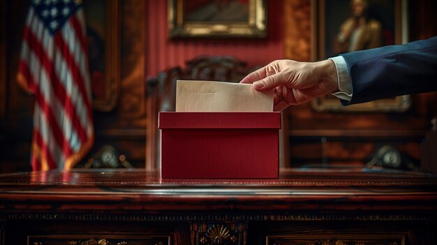 Caixão de madeira gestos de homem votação evento papel de votação