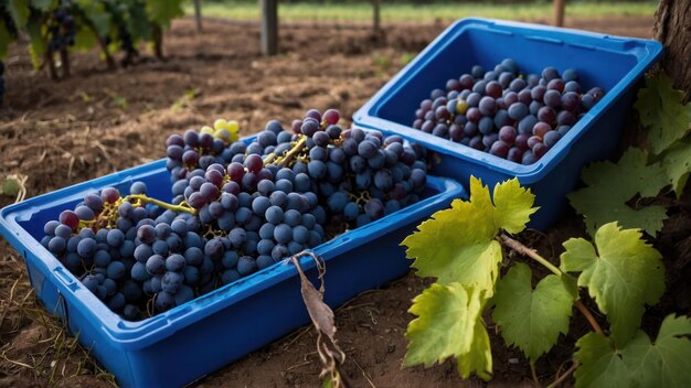 Caixas azuis cheias de uvas maduras em uma vinha na época da colheita