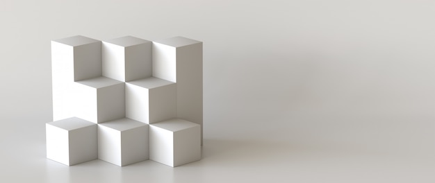 Caixas brancas do cubo com fundo branco da parede em branco. Renderização em 3D.