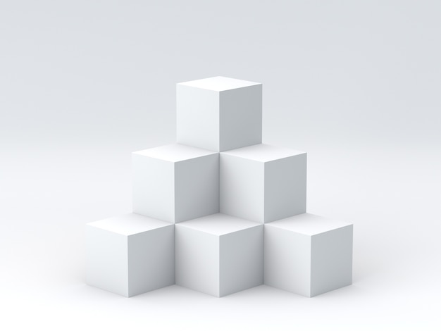 Caixas brancas do cubo no fundo branco para a exposição. Renderização 3D.