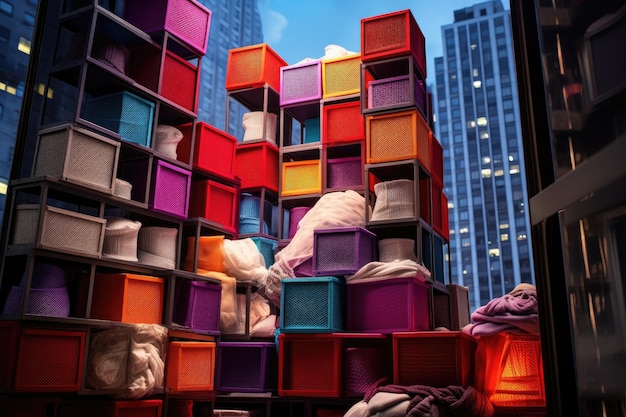 Caixas coloridas com roupas na cidade à noite Toned AI Gerado