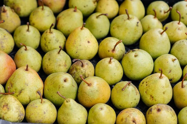 Caixas com peras suculentas maduras estão de pé após a colheita de alimentos orgânicos saudáveis Agricultura natural e ecológica