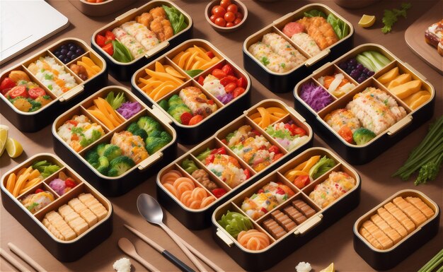 Caixas de bento Makunouchi japonesas de luxo com macarrão riceudon e legumes