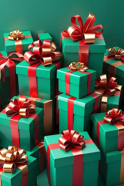 Caixas de cartão de presente de pilha de cor verde e vermelha com fita dourada conceito de celebração de aniversário e Natal renderização 3D