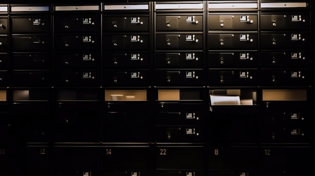 Caixas de correio pretas modernas com números no lobby Generative Ai