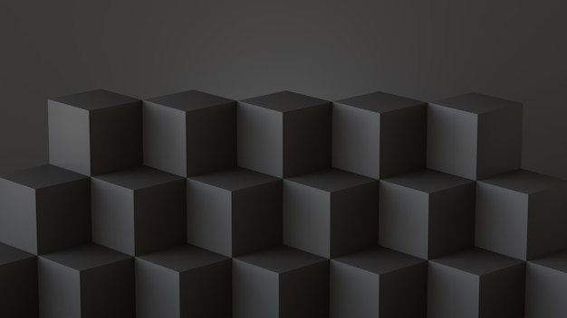 Caixas de cubo preto com fundo escuro da parede. Renderização em 3D.