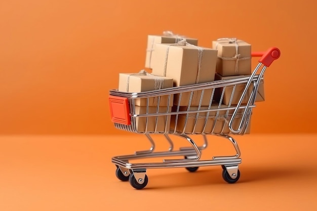 Caixas de embalagem de produtos de compras convenientes em um carrinho com uma lista de compras IA geradora