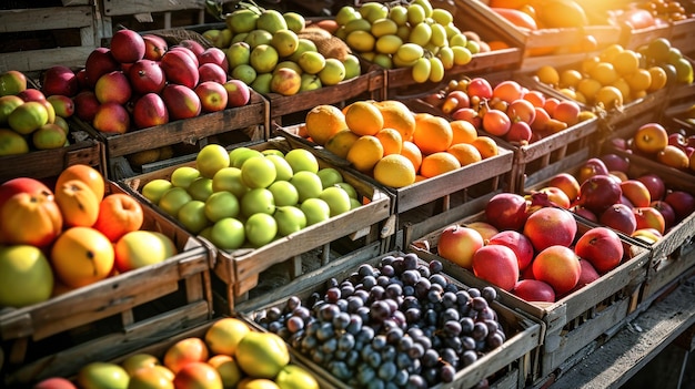 Caixas de frutas variadas no mercado