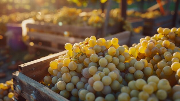 Caixas de madeira de uvas brancas na vinha