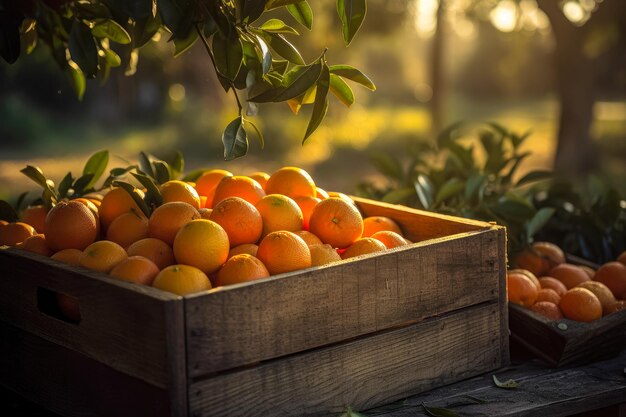 Caixas de madeira decoradas com frutas de laranja enchendo as caixas de árvore e área de jardim de laranjas AI generativa