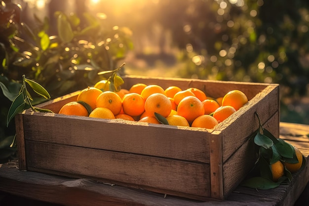 Caixas de madeira decoradas com frutas laranja enchendo as caixas de madeira e área de jardim laranja ai generati