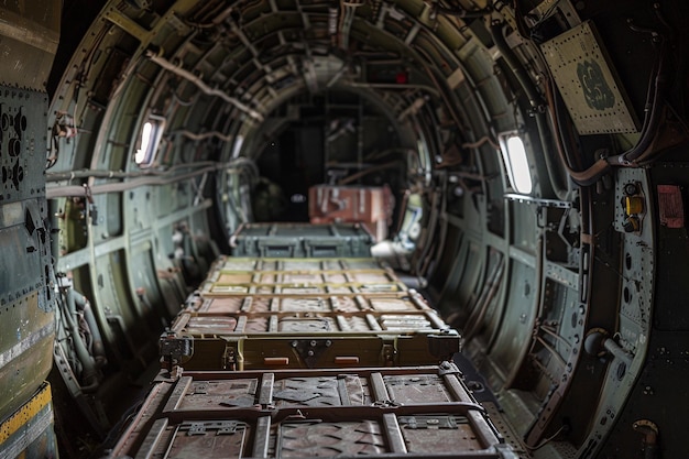 Foto caixas de munições num avião de carga