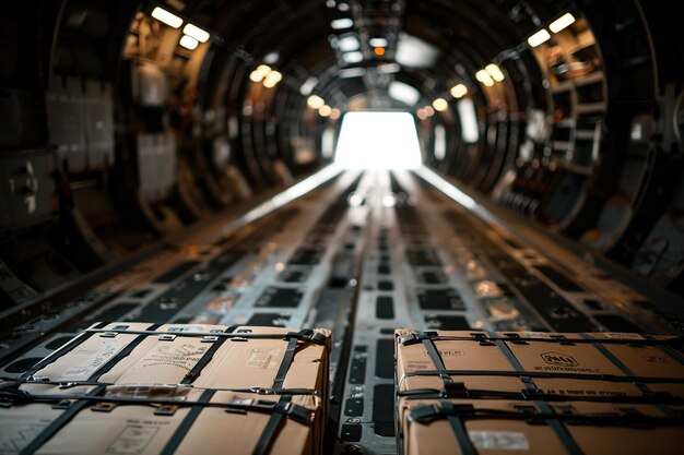 Foto caixas de munições num avião de carga