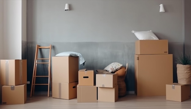 Caixas de papelão com itens embalados em um conceito de movimento de sala vazia gerado por IA