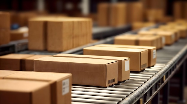 Caixas de papelão e embalagens se movem em uma correia transportadora autônoma IA gerativa