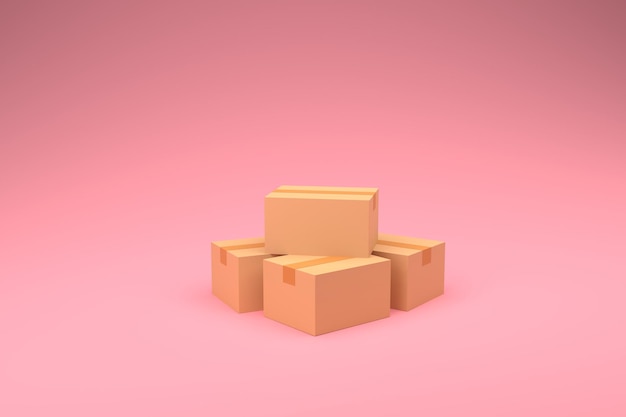 Caixas de papelão em logística de fundo rosa e conceito de entrega 3d rendering