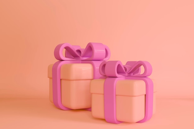 Caixas de presente 3d cor de caramelo e arco rosa em fundo de caramelo feliz aniversário aniversário natal