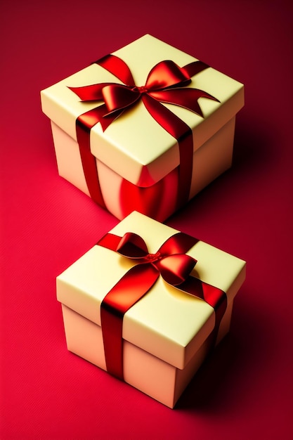 Caixas de presente brancas com laço dourado e árvores de Natal isoladas em fundo vermelho