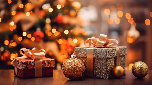 Caixas de presente com arco e bolas douradas no fundo de uma árvore de Natal 1