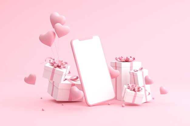 caixas de presente com balões em forma de coração e tela em branco do celular.