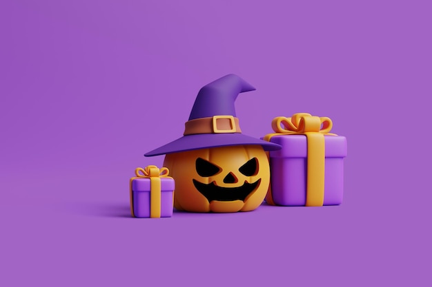 Caixas de presente com Halloween Jack o abóbora Lanterna usando chapéu de bruxa em fundo roxo renderização 3D