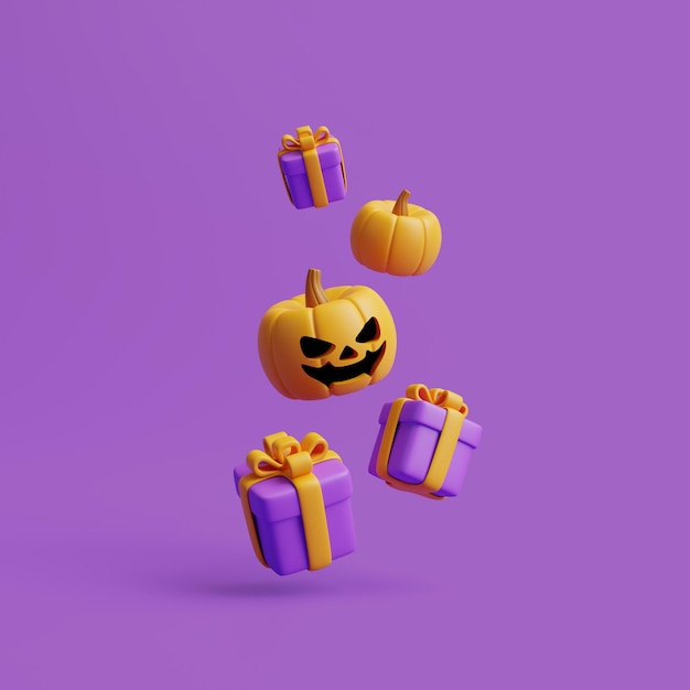 Caixas de presente de desenho animado com abóboras de Halloween Jack o Lantern pairam sobre fundo roxo renderização 3D