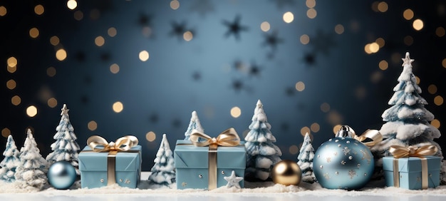 Caixas de presente de fundo de Natal e Ano Novo Árvores de Natal e brinquedos em um fundo de bokeh