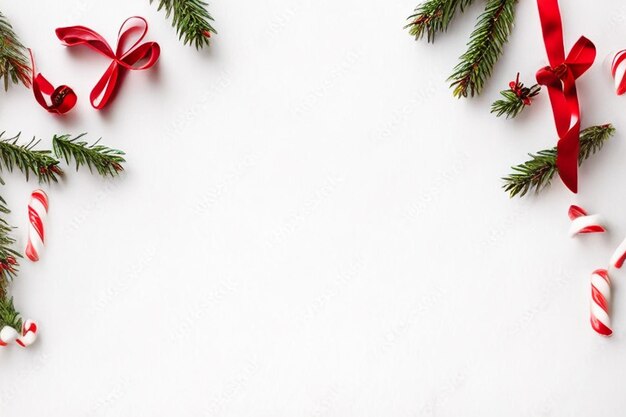 Caixas de presente de galhos de abeto de Natal com fita vermelha decoração vermelha brilhantes e confeti em fundo branco cartão de saudação de Natal e Ano Novo feriado de inverno