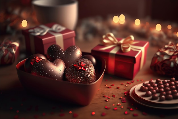 Caixas de presente do dia dos namorados coração chocolate em forma de coração amor um clima festivo tudo brilha closeup ilustração 3d