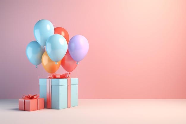 Caixas de presente e balões coloridos Feliz aniversário conceito celebração fundo generativo ai