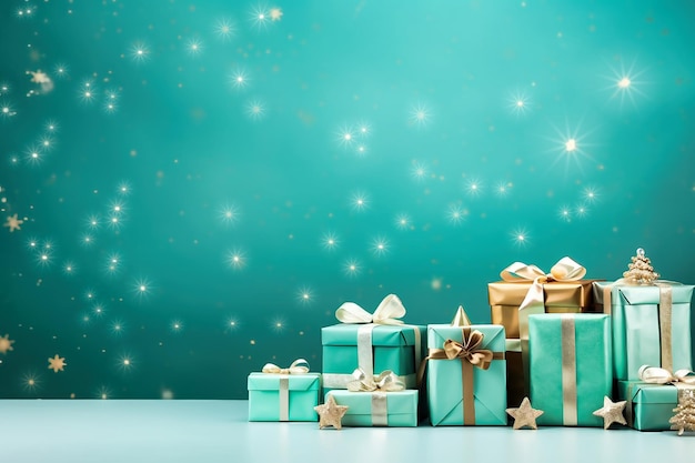 Caixas de presente e decorações de Natal em um fundo turquesa Moldura festiva para um cartão Foco seletivo Espaço para cópia