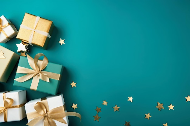 Caixas de presente e decorações de Natal em uma vista de fundo turquesa de cima Moldura festiva para um cartão Foco seletivo Espaço para cópia