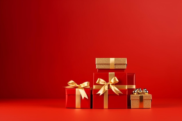 Caixas de presente festivas de Natal com fitas coloridas e decorações de papel em um fundo vibrante Cre