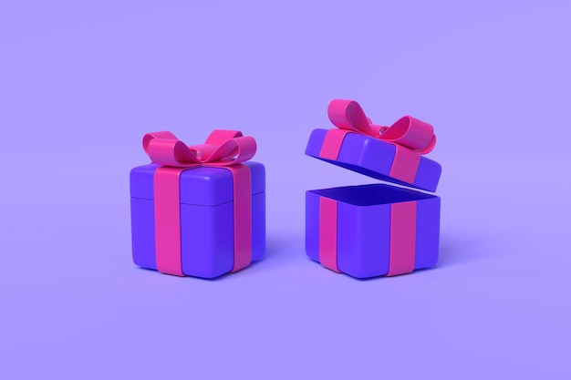 Caixas de presente roxas abertas e fechadas 3d render ilustração