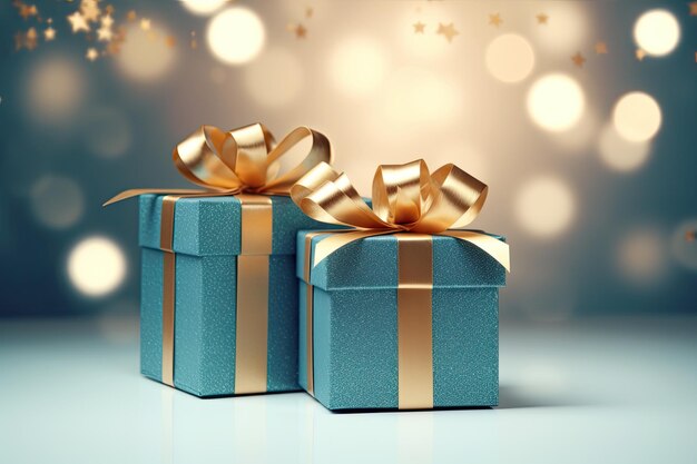 Caixas de presentes azuis turquesa com laço de fita dourada Fundo festivo de Natal e luzes bokeh