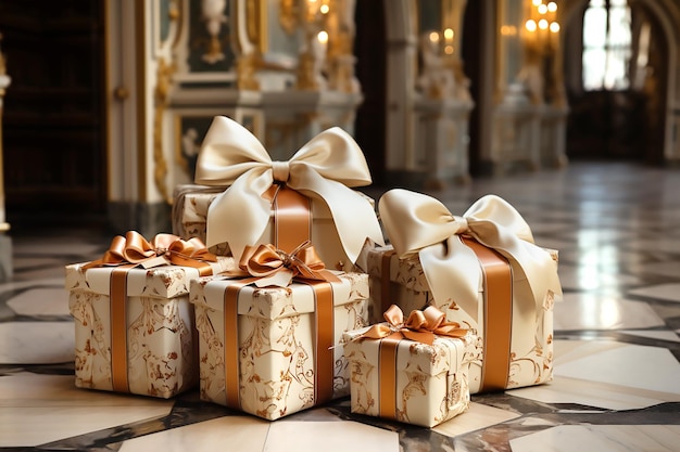 Foto caixas de presentes de artesanato com laços beige em interiores antigos ia generativa