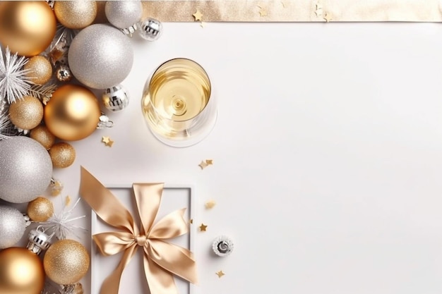 Caixas de presentes de Natal com bolas e decoração em fundo branco IA gerativa