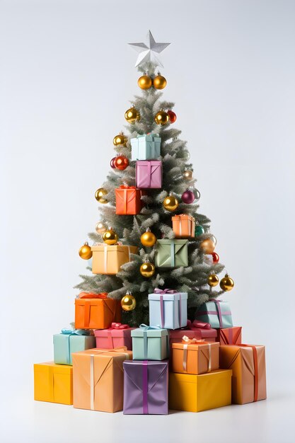 Foto caixas de presentes de natal dispostas na forma de uma árvore de natal