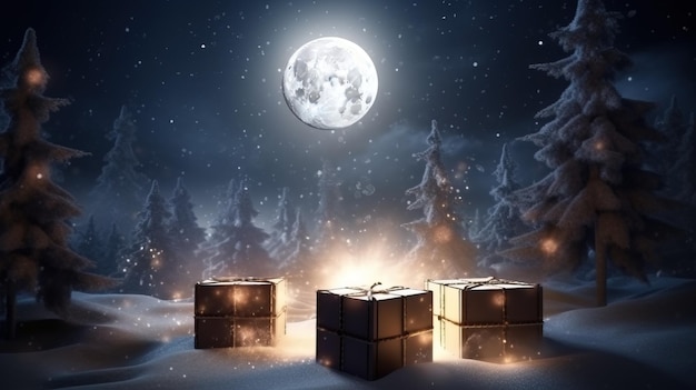 Caixas de presentes de Natal e Ano Novo com fita em floresta de coníferas com fundo noturno iluminado pela família