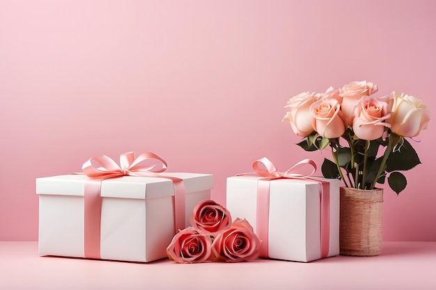 Caixas de presentes e buquê de rosas rosas em fundo rosa pastel