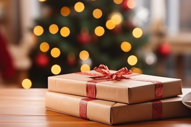 Caixas de presentes embrulhadas em mesa de madeira na frente da árvore de Natal