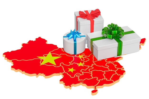 Foto caixas de presentes no mapa chinês feriados de natal e ano novo na china conceito renderização 3d