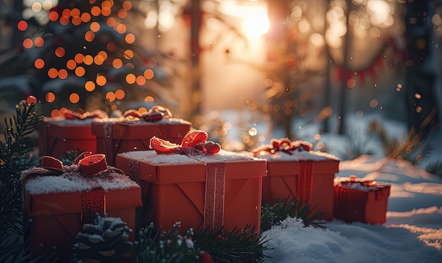 Foto caixas de presentes numa floresta de inverno